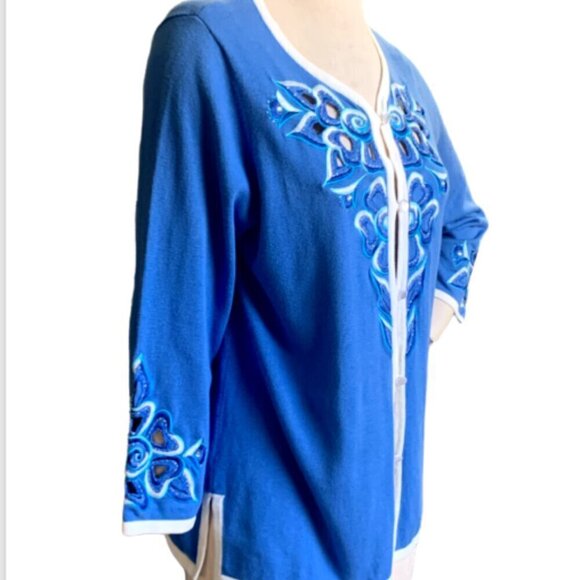 VTG Designer Bob Mackie Floral Embroidery Cutout Cardigan Sweater M Blue #48B - Picture 5 of 10
